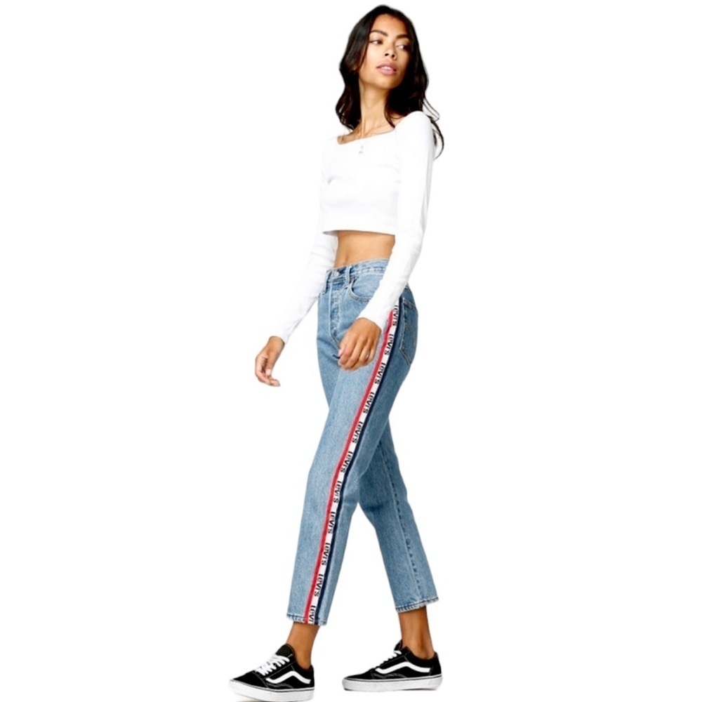 Levi’s 501 Vintage Wash High Waist Cropped Logo Side Stripe Jeans Size 32